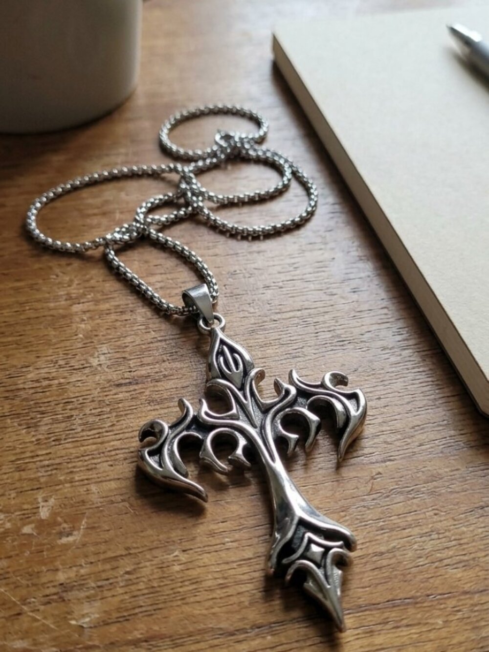 Mens Gothic Flame Cross Pendant Necklace